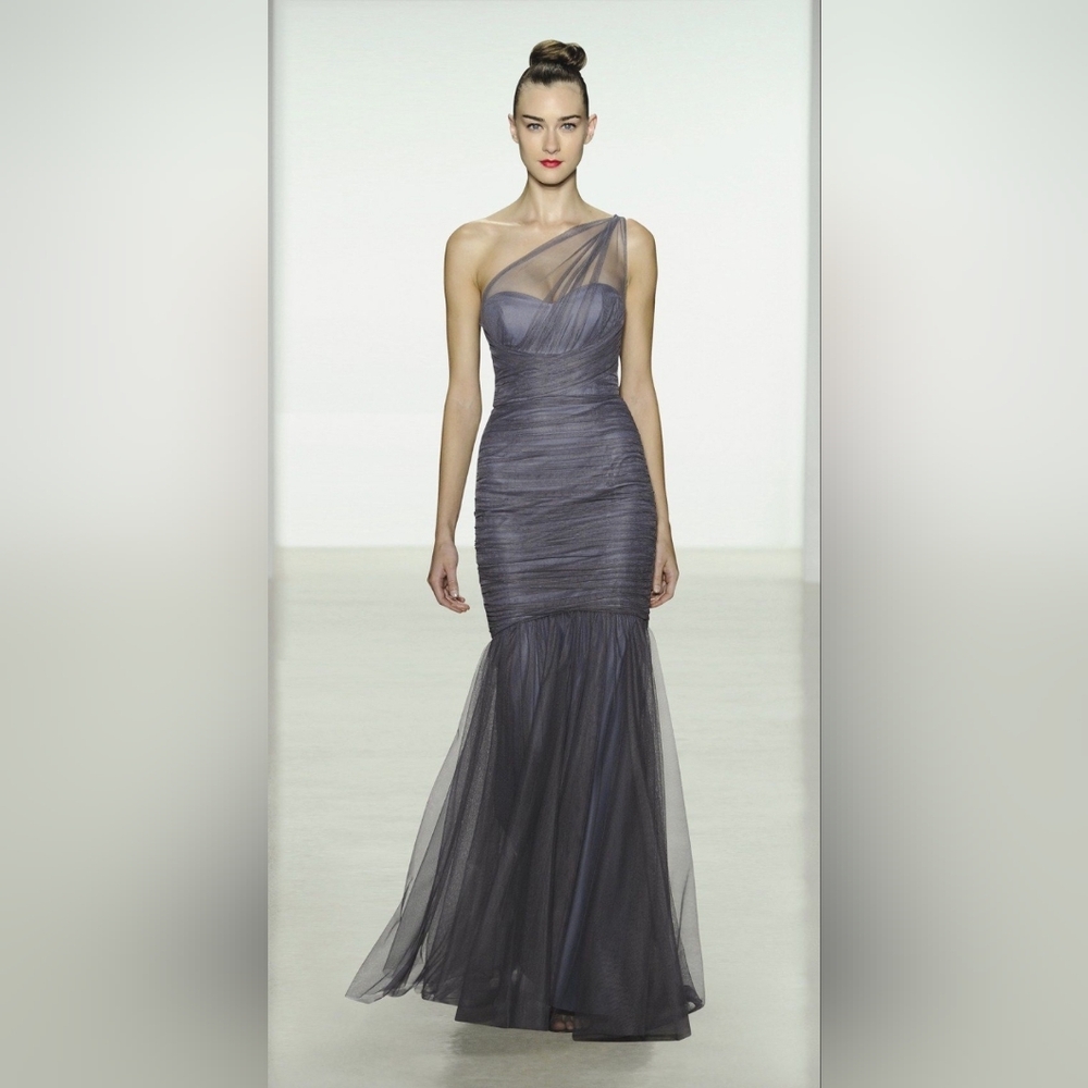 Amsale One Shoulder Tule Wrap Mermaid Gown Gray Size 6